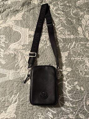Moncler Black Leather Messenger Crossbody with Branded Strap